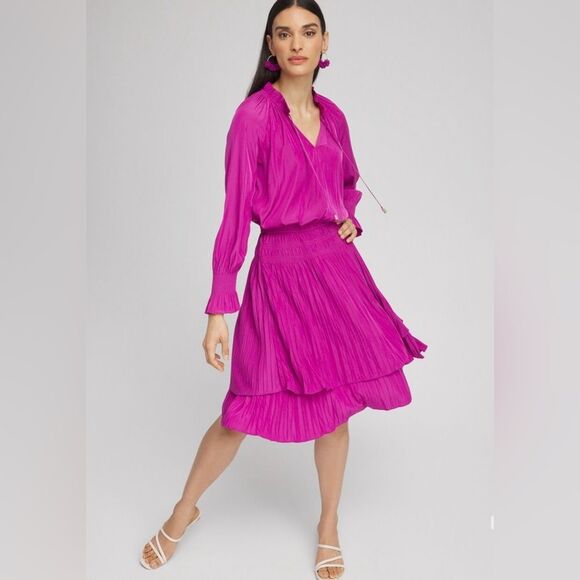 Chico’s Drop Waist Pleated Tier Dress Size 4 US 20 V Neck Smock Waist  Violet - Picture 1 of 14